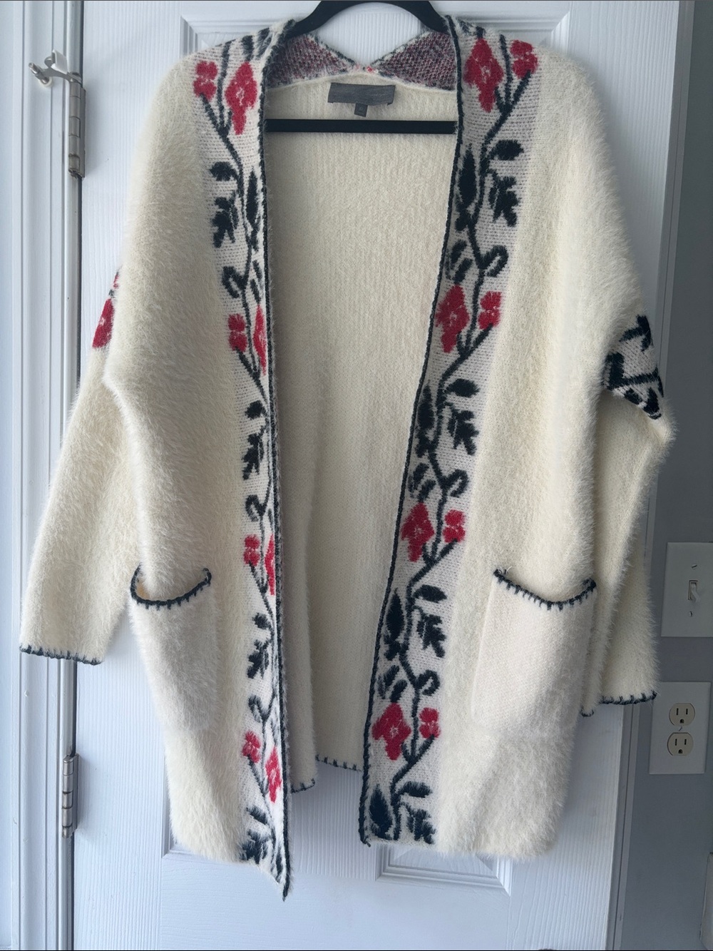 Sunday in Brooklyn Cream Open-Front Cardigan with Red Floral Trim